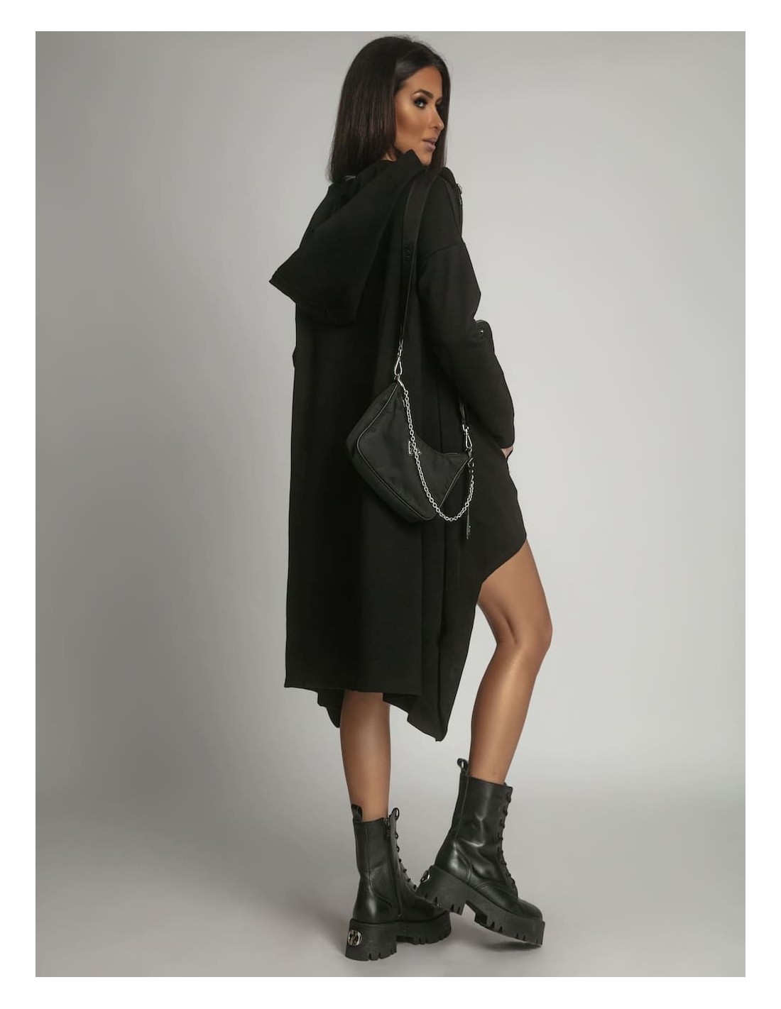 Asymmetric tunic with oversize hood, black FI589 - Online store - Boutique